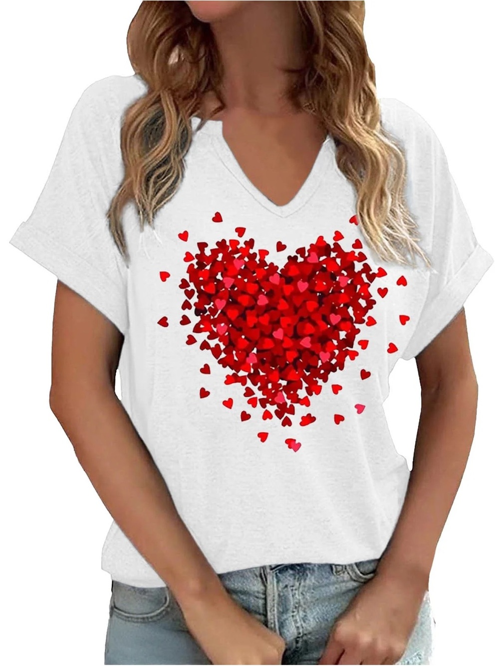 NWT Noracora Heart Graphic Print V-Neck Short Sleeve Tee Women’s Size Small